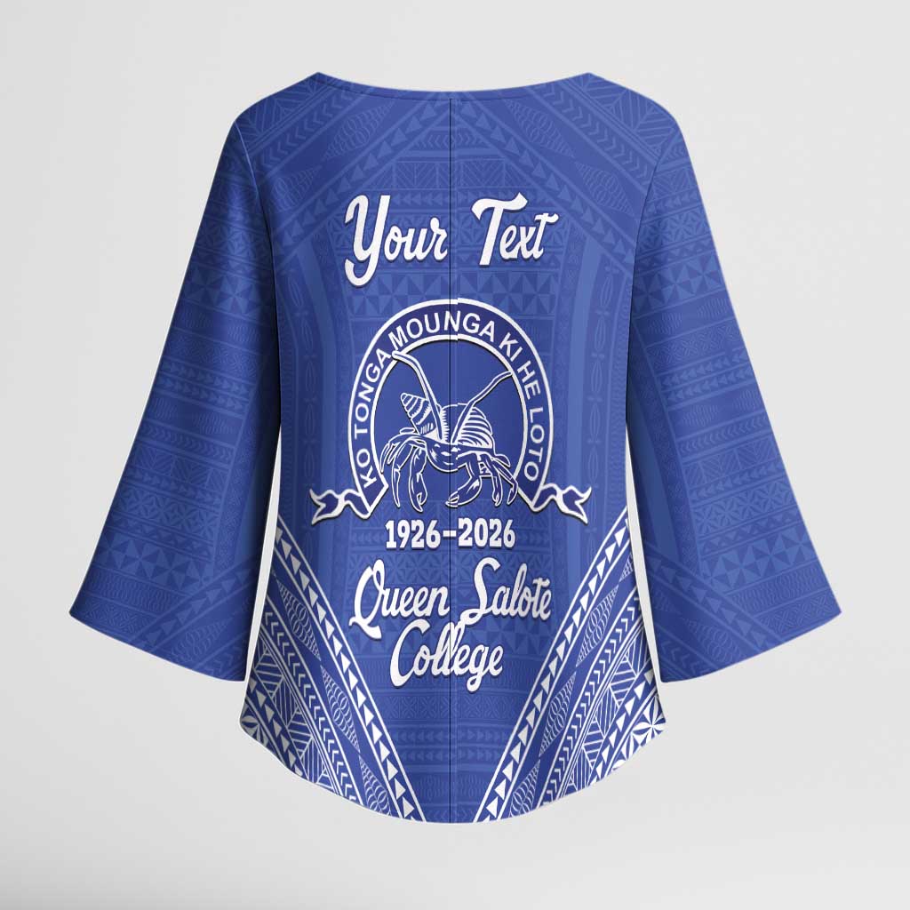 Queen Salote College 100 Years Personalized Kimono Sleeve Blouse Tonga QSC Heilala Lei Blue Ngatu Pattern