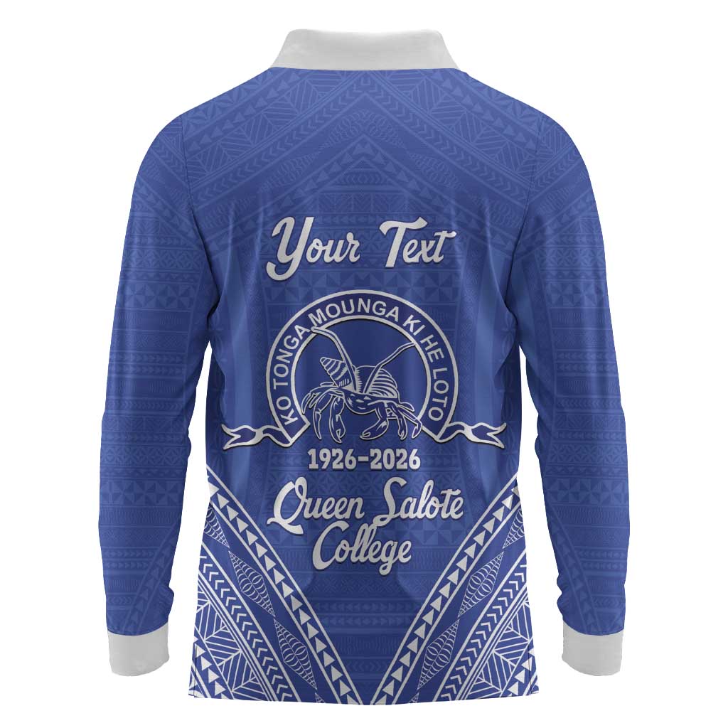 Queen Salote College 100 Years Personalized Long Sleeve Polo Shirt Tonga QSC Heilala Lei Blue Ngatu Pattern
