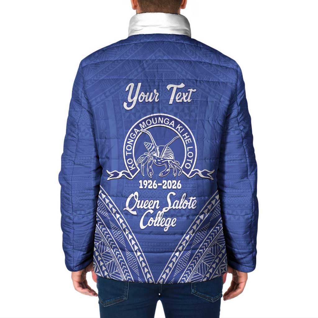 Queen Salote College 100 Years Personalized Padded Jacket Tonga QSC Heilala Lei Blue Ngatu Pattern