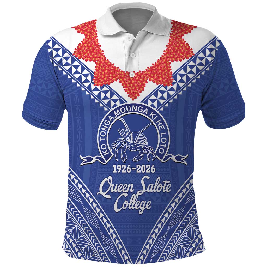 Queen Salote College 100 Years Personalized Polo Shirt Tonga QSC Heilala Lei Blue Ngatu Pattern