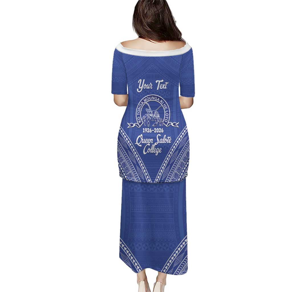 Queen Salote College 100 Years Personalized Puletasi Tonga QSC Heilala Lei Blue Ngatu Pattern