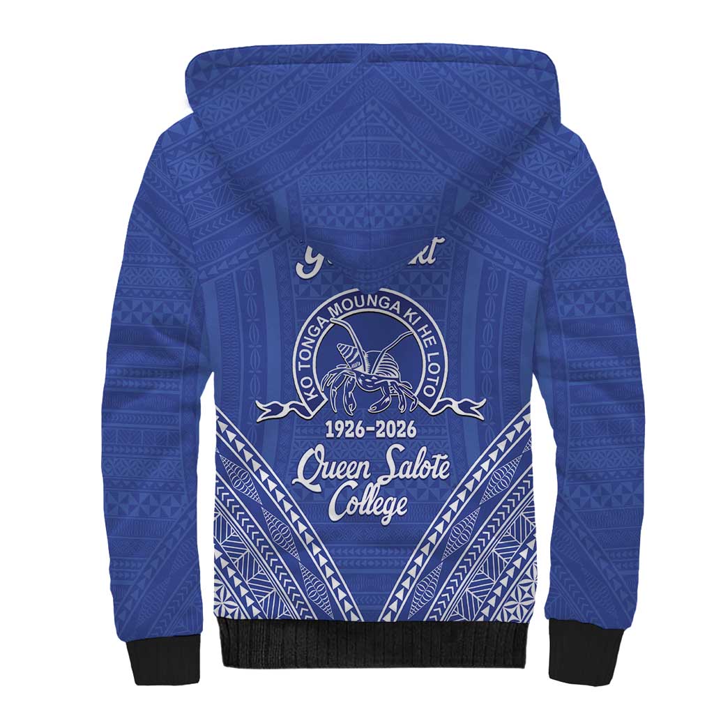 Queen Salote College 100 Years Personalized Sherpa Hoodie Tonga QSC Heilala Lei Blue Ngatu Pattern