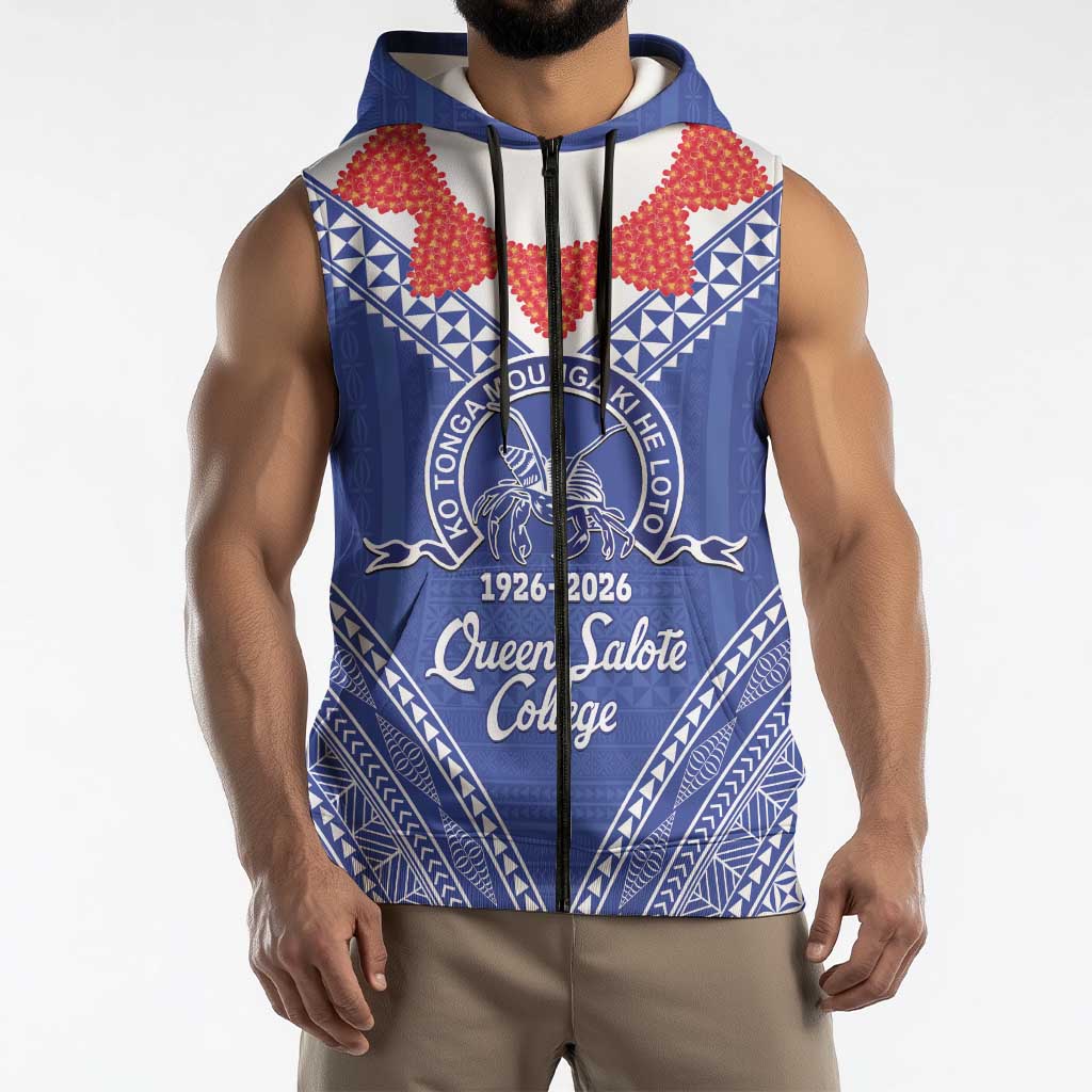 Queen Salote College 100 Years Personalized Sleeveless Zip Hoodie Tonga QSC Heilala Lei Blue Ngatu Pattern