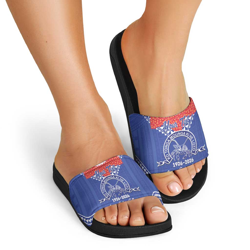 Queen Salote College 100 Years Personalized Slide Sandals Tonga QSC Heilala Lei Blue Ngatu Pattern