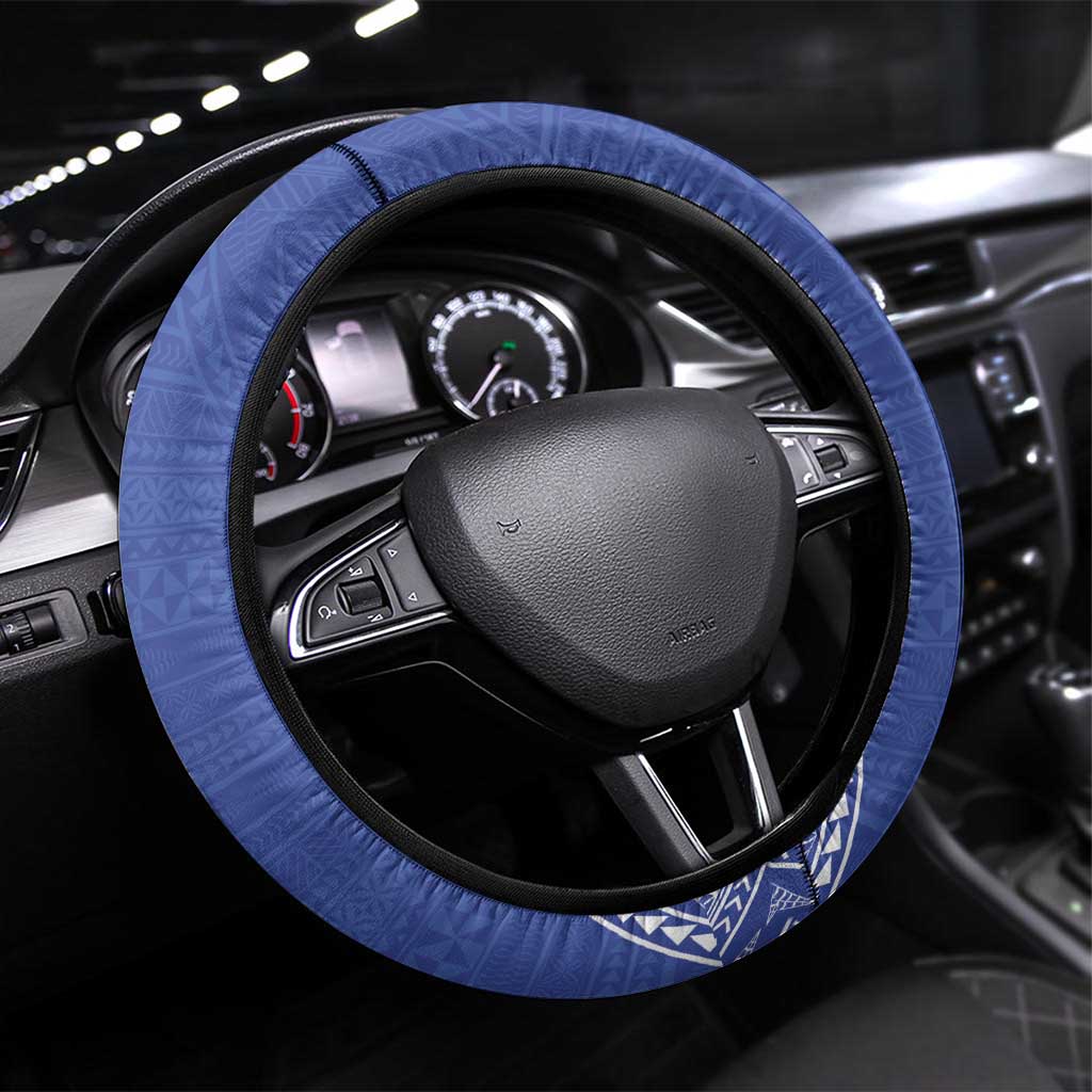 Queen Salote College 100 Years Steering Wheel Cover Tonga QSC Heilala Lei Blue Ngatu Pattern