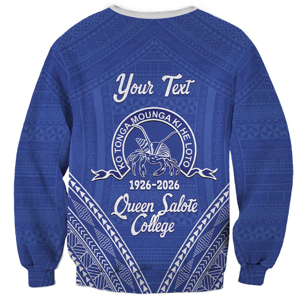 Queen Salote College 100 Years Personalized Sweatshirt Tonga QSC Heilala Lei Blue Ngatu Pattern