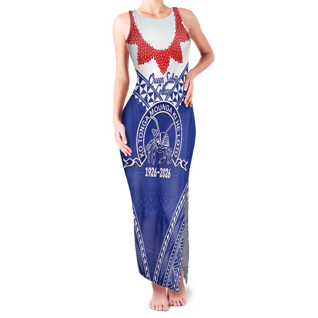 Queen Salote College 100 Years Personalized Tank Maxi Dress Tonga QSC Heilala Lei Blue Ngatu Pattern
