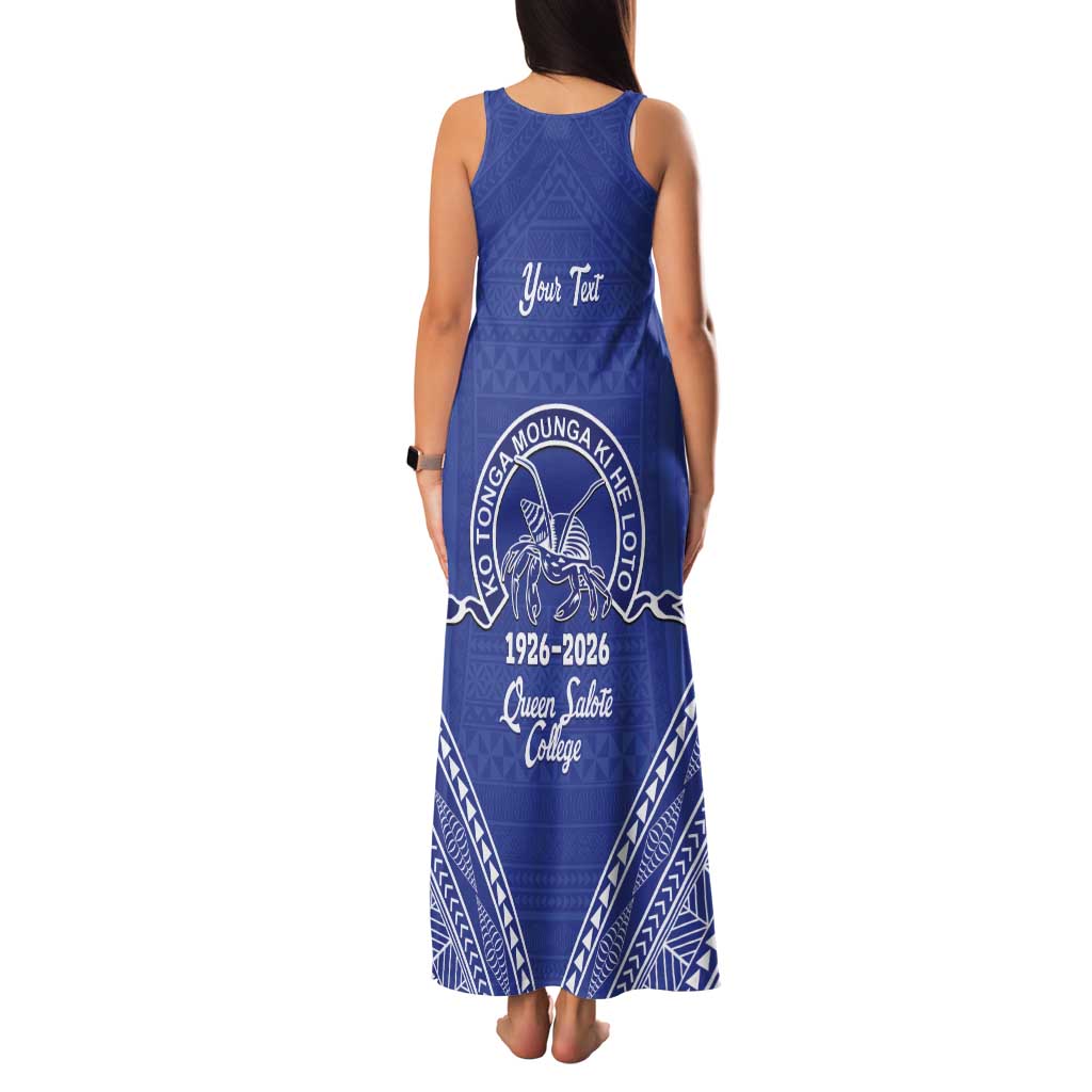 Queen Salote College 100 Years Personalized Tank Maxi Dress Tonga QSC Heilala Lei Blue Ngatu Pattern