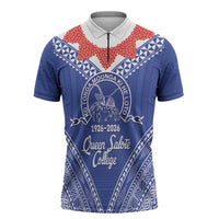 Queen Salote College 100 Years Personalized Zipper Polo Shirt Tonga QSC Heilala Lei Blue Ngatu Pattern