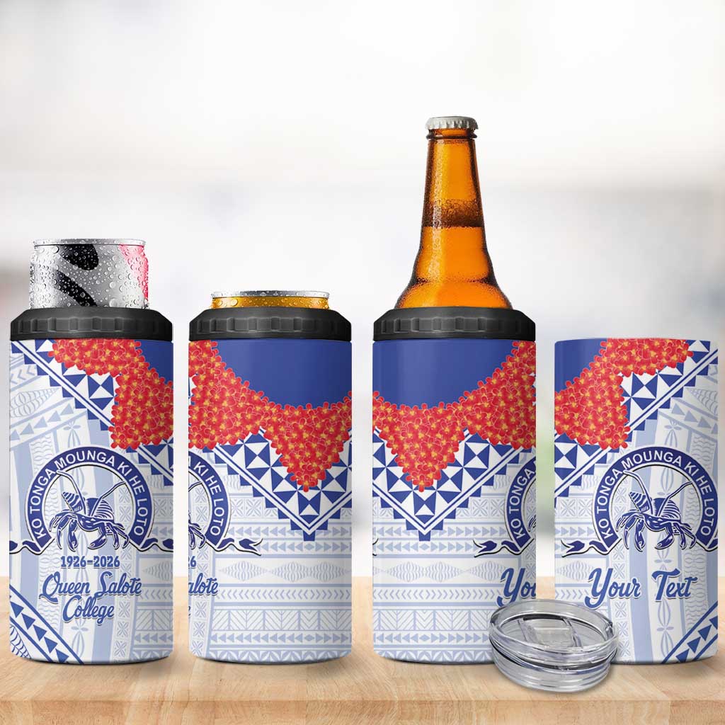 Queen Salote College 100 Years Personalized 4 in 1 Can Cooler Tumbler Tonga QSC Heilala Lei White Ngatu Pattern