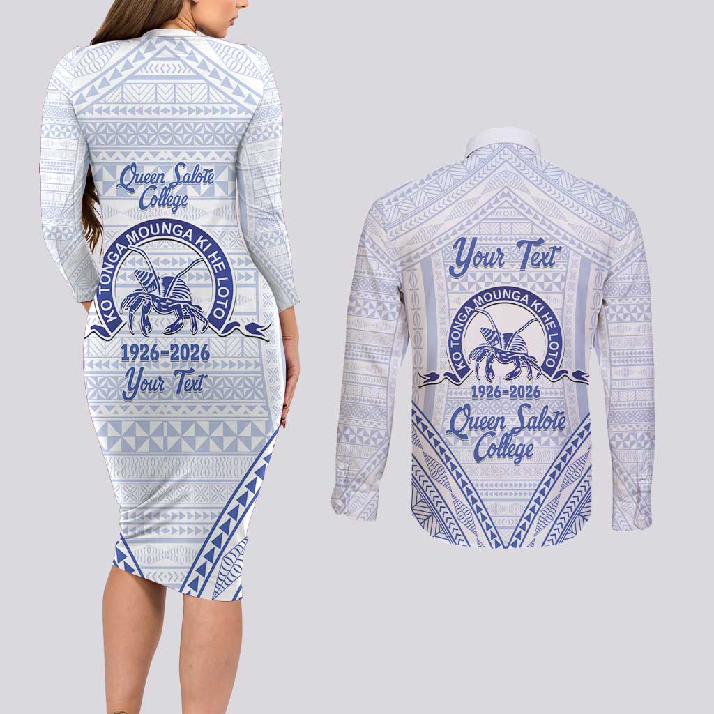 Queen Salote College 100 Years Personalized Couples Matching Long Sleeve Bodycon Dress and Long Sleeve Button Shirt Tonga QSC Heilala Lei White Ngatu Pattern