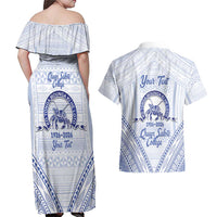 Queen Salote College 100 Years Personalized Couples Matching Off Shoulder Maxi Dress and Hawaiian Shirt Tonga QSC Heilala Lei White Ngatu Pattern