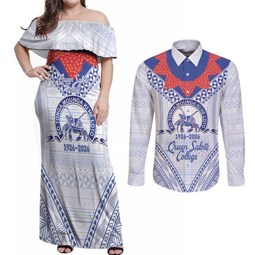 Queen Salote College 100 Years Personalized Couples Matching Off Shoulder Maxi Dress and Long Sleeve Button Shirt Tonga QSC Heilala Lei White Ngatu Pattern