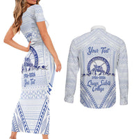 Queen Salote College 100 Years Personalized Couples Matching Short Sleeve Bodycon Dress and Long Sleeve Button Shirt Tonga QSC Heilala Lei White Ngatu Pattern