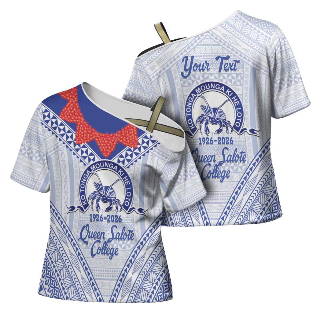 Queen Salote College 100 Years Personalized Cross Shoulder Shirt Tonga QSC Heilala Lei White Ngatu Pattern