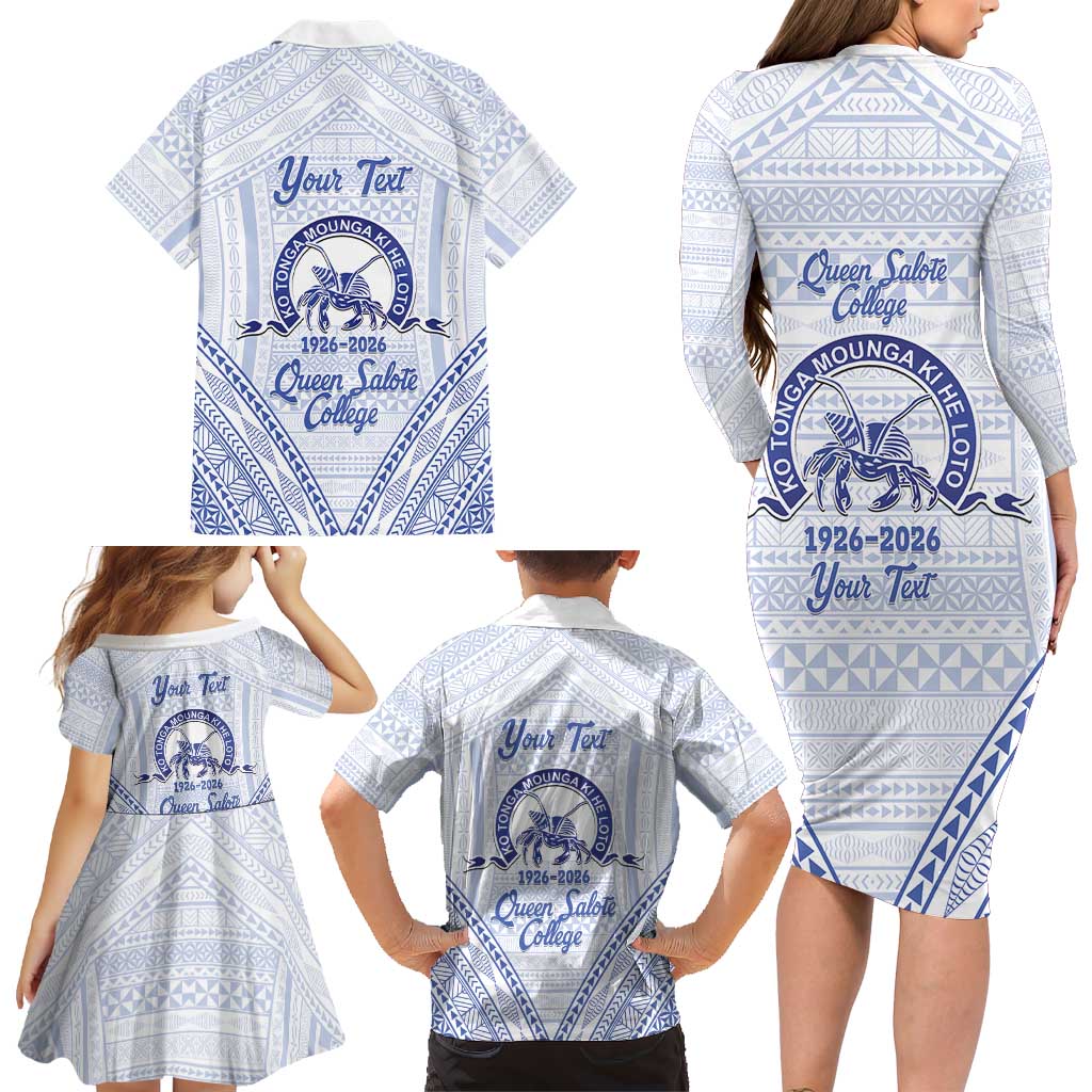 Queen Salote College 100 Years Personalized Family Matching Long Sleeve Bodycon Dress and Hawaiian Shirt Tonga QSC Heilala Lei White Ngatu Pattern LT14 - Polynesian Pride