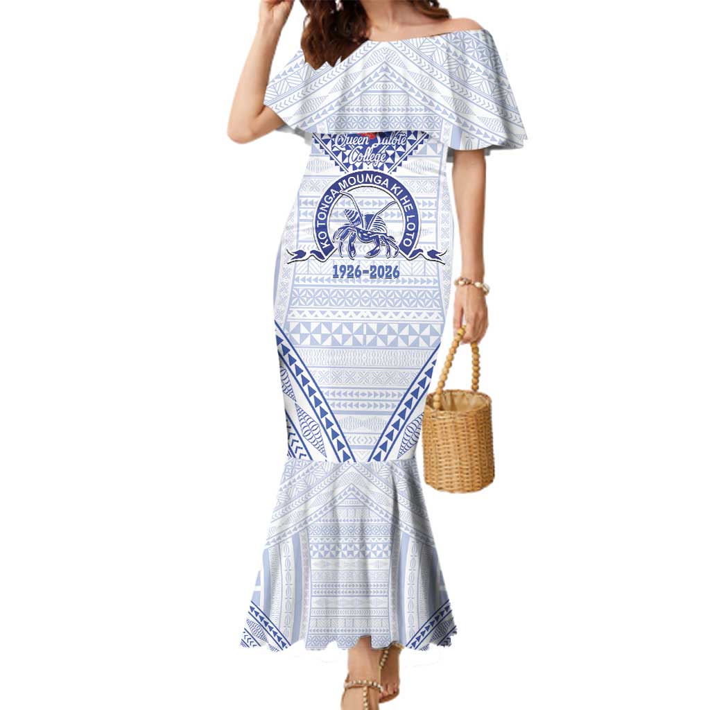 Queen Salote College 100 Years Personalized Family Matching Mermaid Dress and Hawaiian Shirt Tonga QSC Heilala Lei White Ngatu Pattern LT14 Mom's Dress White - Polynesian Pride