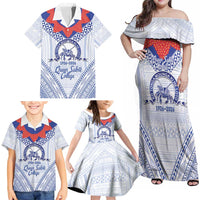 Queen Salote College 100 Years Personalized Family Matching Off Shoulder Maxi Dress and Hawaiian Shirt Tonga QSC Heilala Lei White Ngatu Pattern LT14 - Polynesian Pride