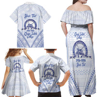 Queen Salote College 100 Years Personalized Family Matching Off Shoulder Maxi Dress and Hawaiian Shirt Tonga QSC Heilala Lei White Ngatu Pattern LT14 - Polynesian Pride