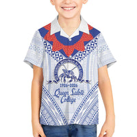Queen Salote College 100 Years Personalized Family Matching Off Shoulder Maxi Dress and Hawaiian Shirt Tonga QSC Heilala Lei White Ngatu Pattern LT14 Son's Shirt White - Polynesian Pride