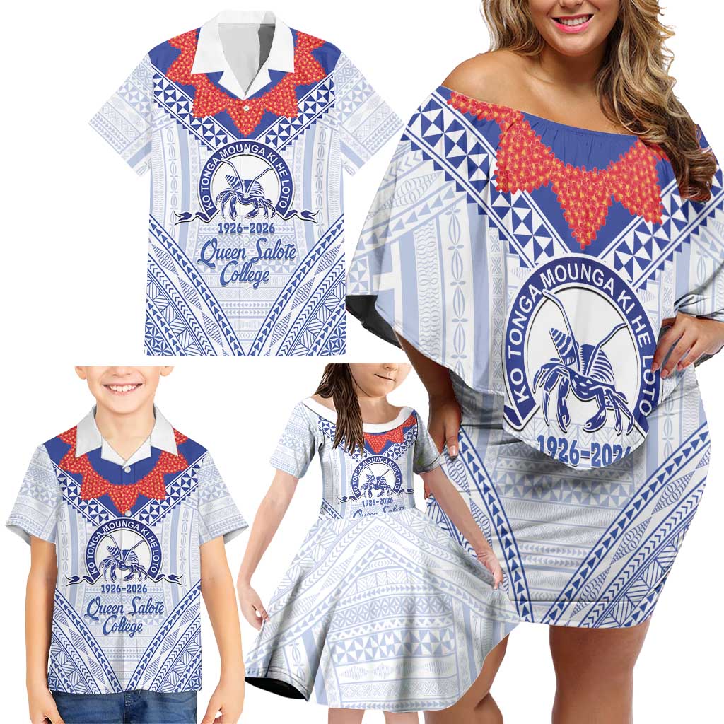 Queen Salote College 100 Years Personalized Family Matching Off Shoulder Short Dress and Hawaiian Shirt Tonga QSC Heilala Lei White Ngatu Pattern LT14 - Polynesian Pride