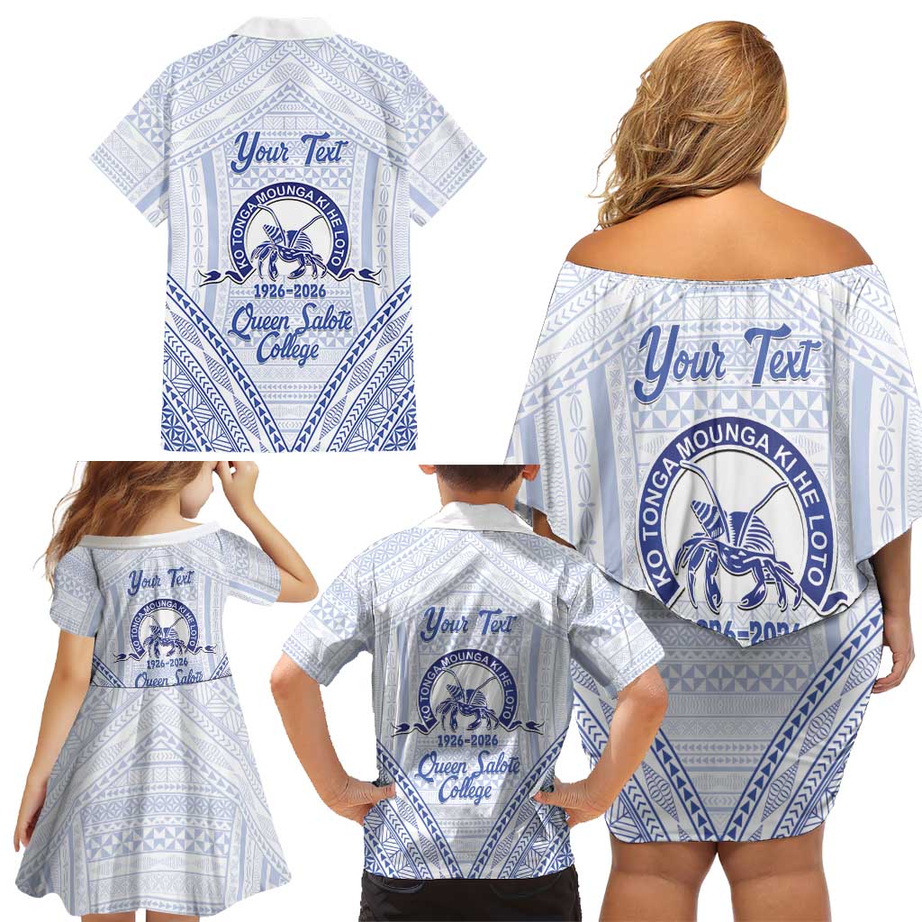 Queen Salote College 100 Years Personalized Family Matching Off Shoulder Short Dress and Hawaiian Shirt Tonga QSC Heilala Lei White Ngatu Pattern LT14 - Polynesian Pride
