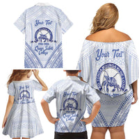 Queen Salote College 100 Years Personalized Family Matching Off Shoulder Short Dress and Hawaiian Shirt Tonga QSC Heilala Lei White Ngatu Pattern LT14 - Polynesian Pride