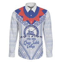 Queen Salote College 100 Years Personalized Family Matching Off Shoulder Short Dress and Hawaiian Shirt Tonga QSC Heilala Lei White Ngatu Pattern LT14 Dad's Shirt - Long Sleeve White - Polynesian Pride