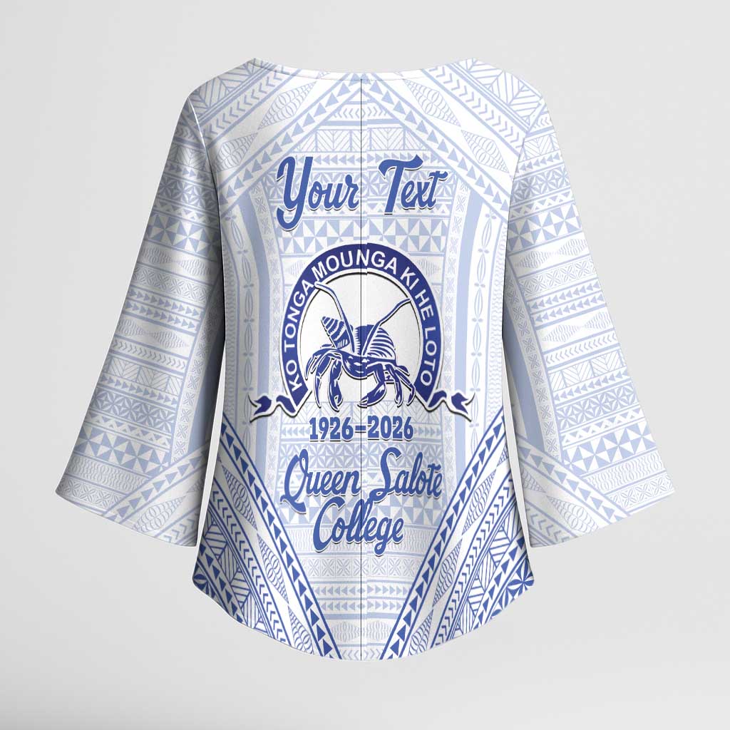 Queen Salote College 100 Years Personalized Kimono Sleeve Blouse Tonga QSC Heilala Lei White Ngatu Pattern