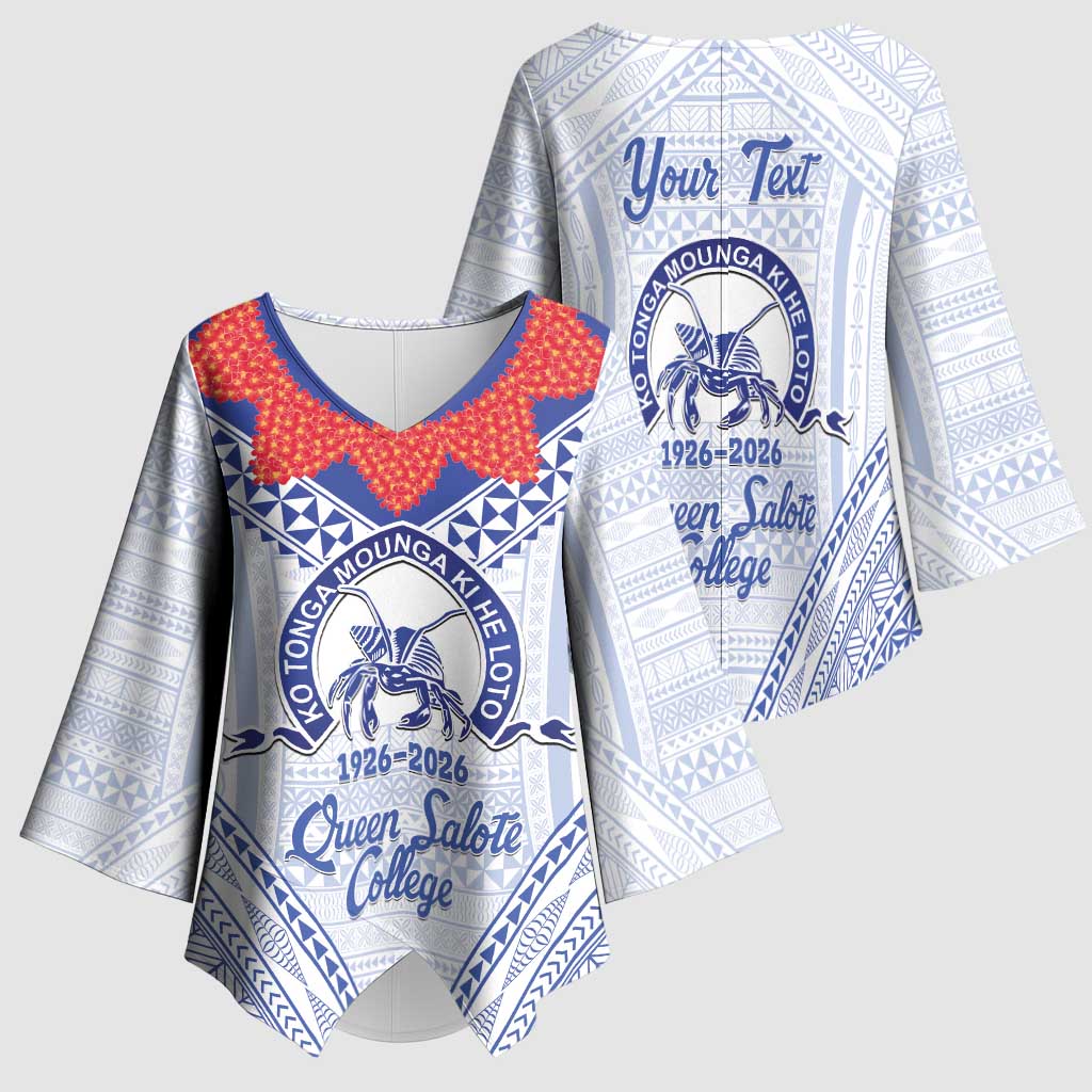 Queen Salote College 100 Years Personalized Kimono Sleeve Blouse Tonga QSC Heilala Lei White Ngatu Pattern