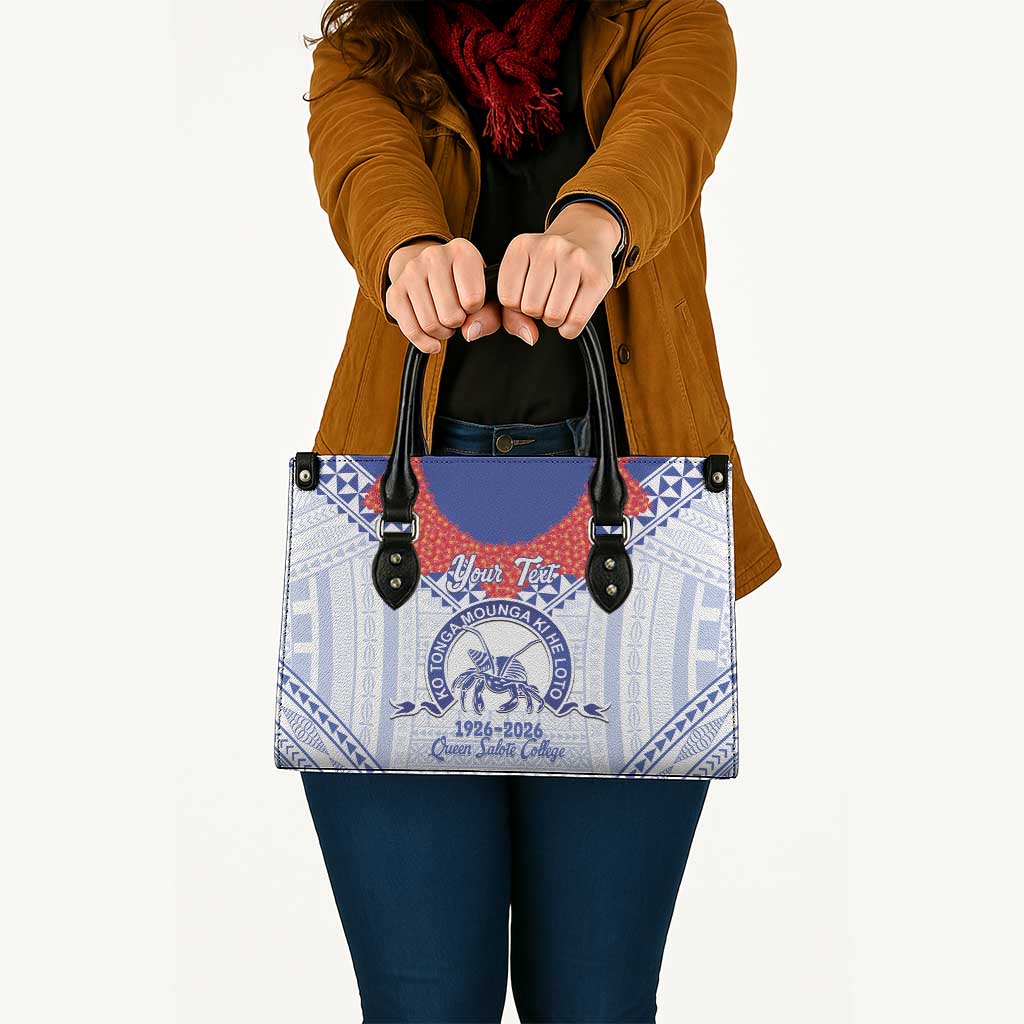 Queen Salote College 100 Years Personalized Leather Bag Tonga QSC Heilala Lei White Ngatu Pattern