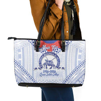 Queen Salote College 100 Years Personalized Leather Tote Bag Tonga QSC Heilala Lei White Ngatu Pattern