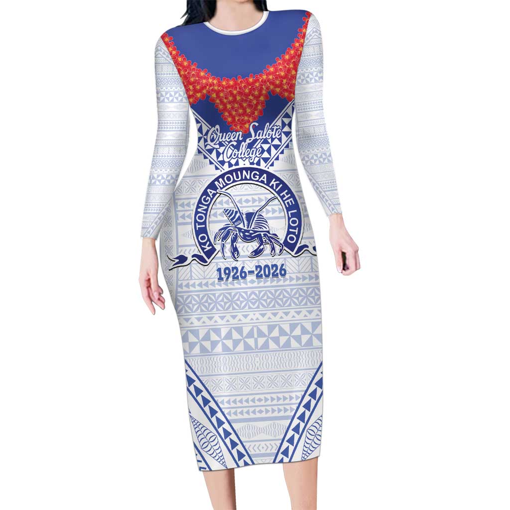Queen Salote College 100 Years Personalized Long Sleeve Bodycon Dress Tonga QSC Heilala Lei White Ngatu Pattern