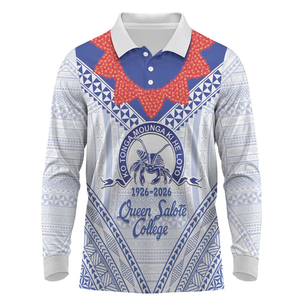 Queen Salote College 100 Years Personalized Long Sleeve Polo Shirt Tonga QSC Heilala Lei White Ngatu Pattern