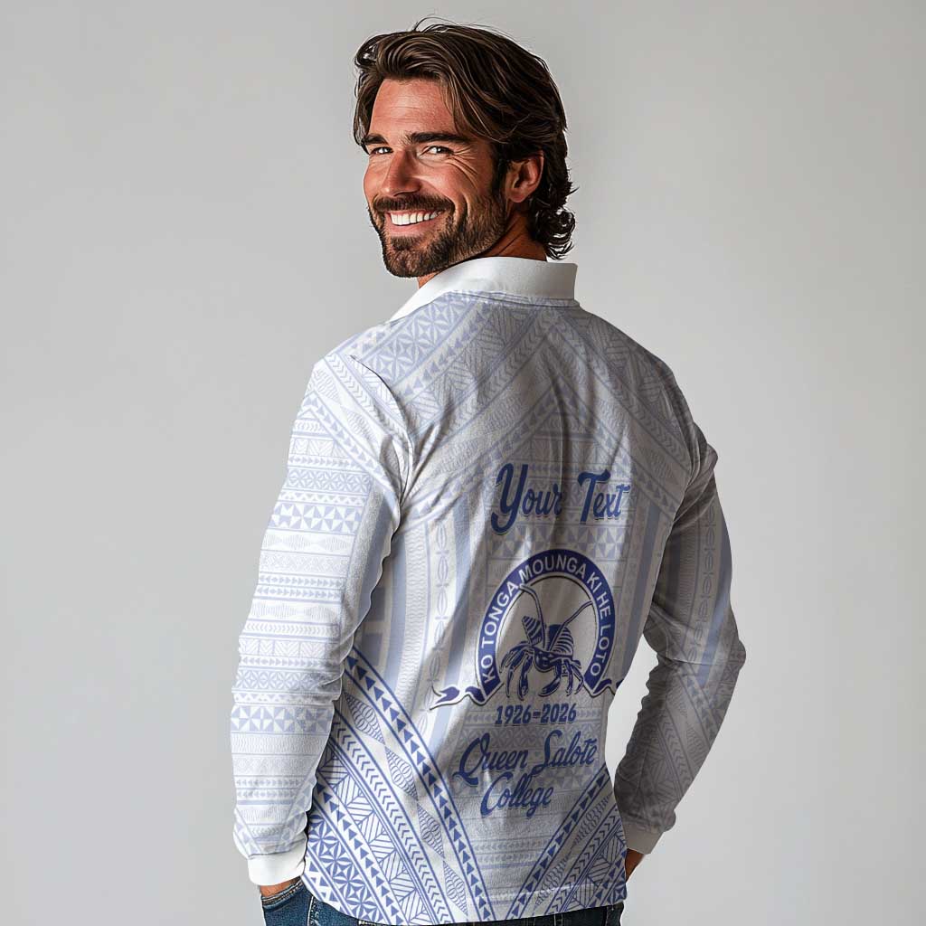 Queen Salote College 100 Years Personalized Long Sleeve Polo Shirt Tonga QSC Heilala Lei White Ngatu Pattern