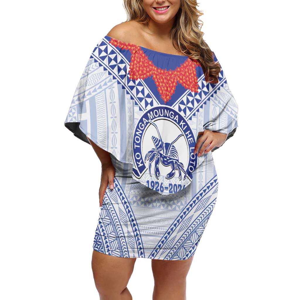 Queen Salote College 100 Years Personalized Off Shoulder Short Dress Tonga QSC Heilala Lei White Ngatu Pattern