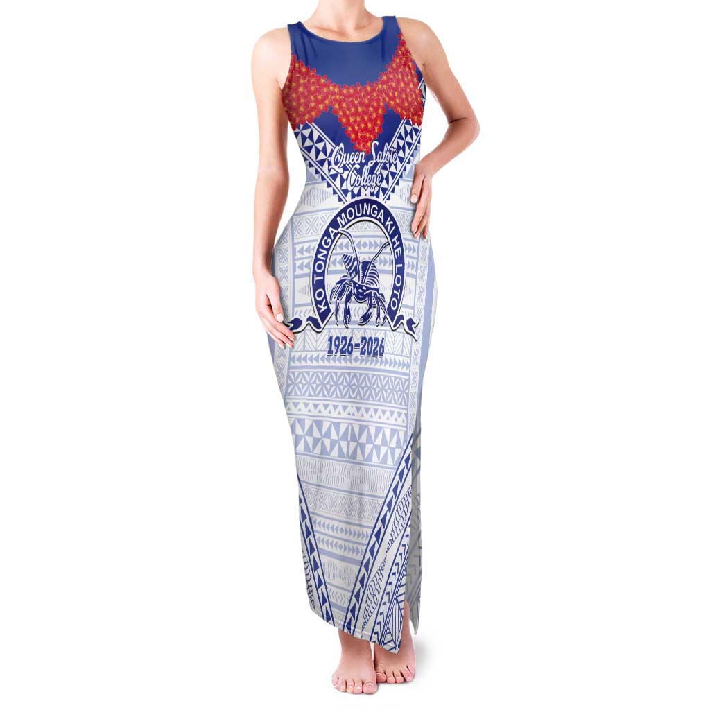 Queen Salote College 100 Years Personalized Tank Maxi Dress Tonga QSC Heilala Lei White Ngatu Pattern