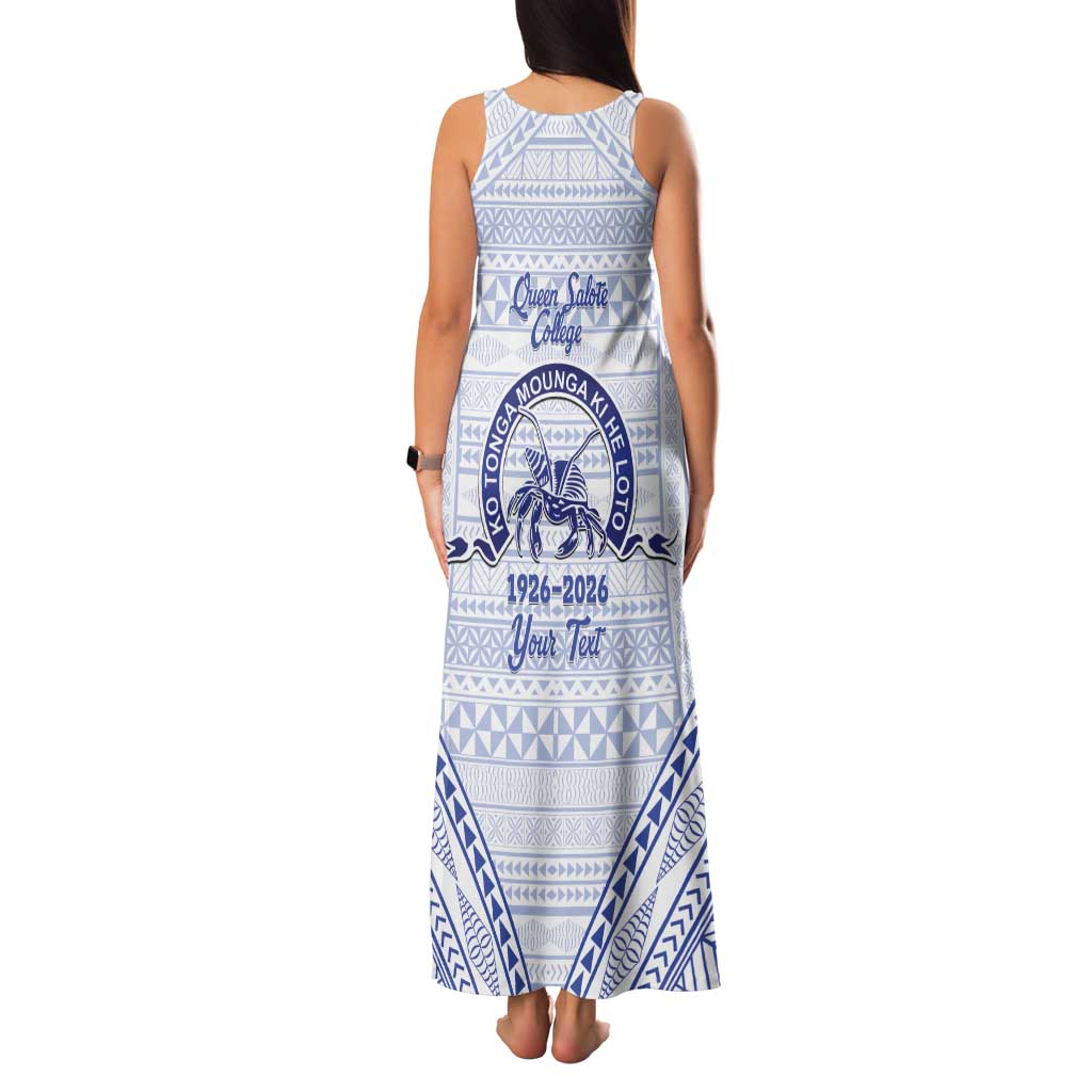 Queen Salote College 100 Years Personalized Tank Maxi Dress Tonga QSC Heilala Lei White Ngatu Pattern