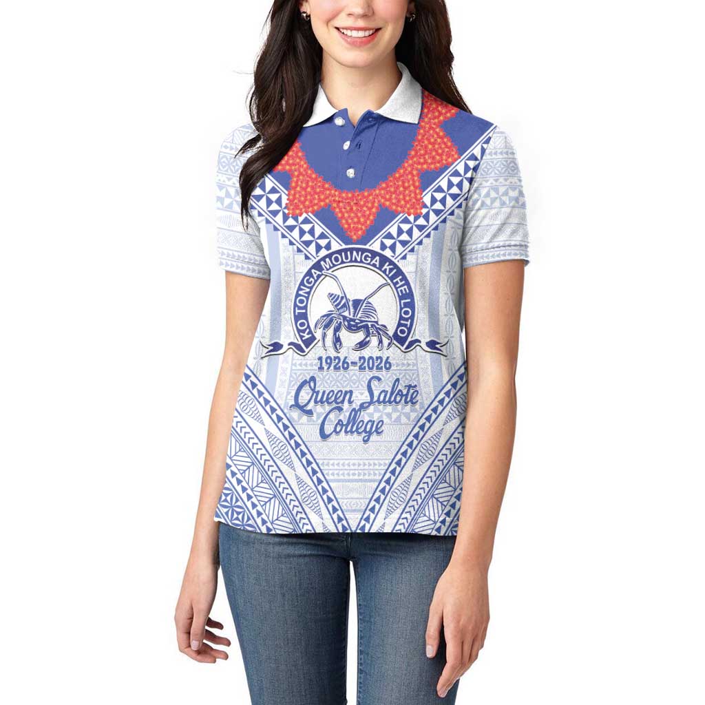 Queen Salote College 100 Years Personalized Women Polo Shirt Tonga QSC Heilala Lei White Ngatu Pattern