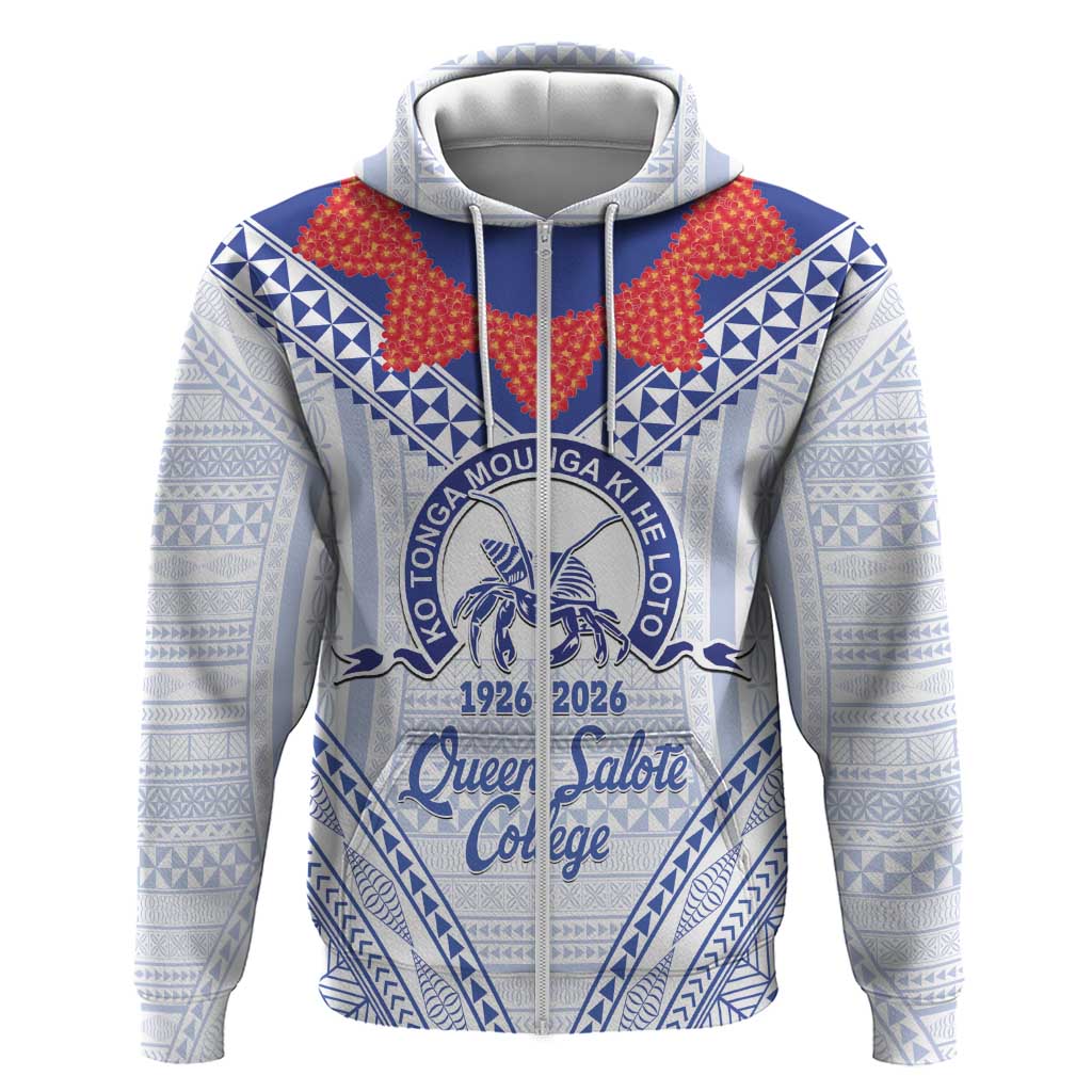 Queen Salote College 100 Years Personalized Zip Hoodie Tonga QSC Heilala Lei White Ngatu Pattern