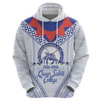 Queen Salote College 100 Years Personalized Zip Hoodie Tonga QSC Heilala Lei White Ngatu Pattern