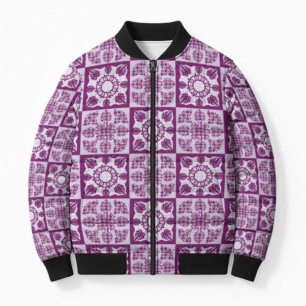 Poni Palaka Quilt Hawaii Bomber Puffer Jacket Hawaiian Tropical Monstera Sea Turtle