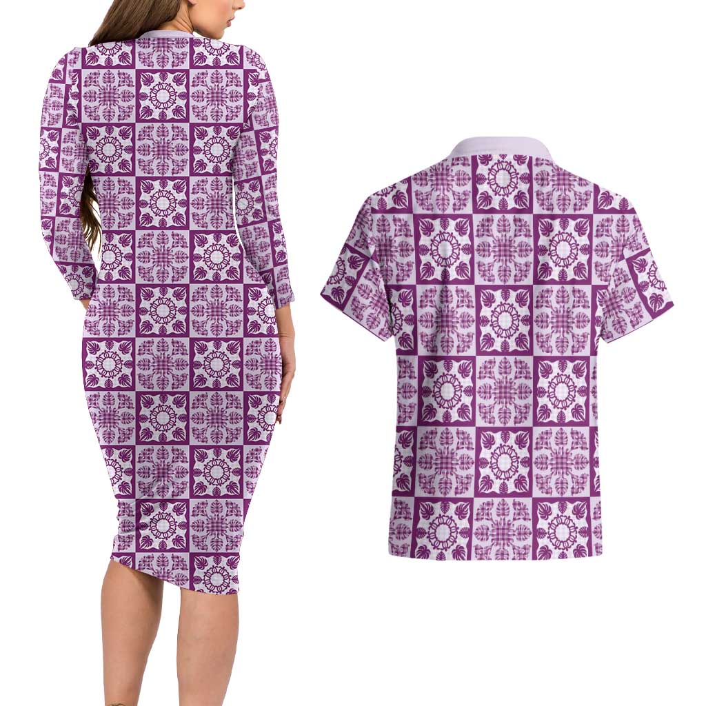Poni Palaka Quilt Hawaii Couples Matching Long Sleeve Bodycon Dress and Hawaiian Shirt Hawaiian Tropical Monstera Sea Turtle LT14 - Polynesian Pride