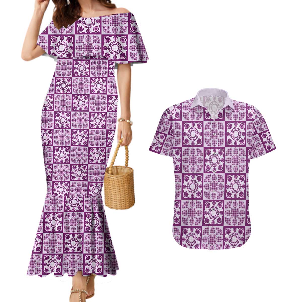 Poni Palaka Quilt Hawaii Couples Matching Mermaid Dress and Hawaiian Shirt Hawaiian Tropical Monstera Sea Turtle LT14 Purple - Polynesian Pride