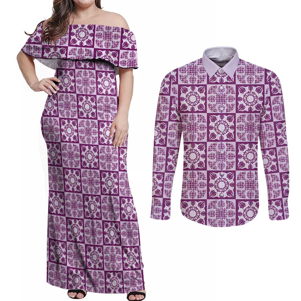 Poni Palaka Quilt Hawaii Couples Matching Off Shoulder Maxi Dress and Long Sleeve Button Shirt Hawaiian Tropical Monstera Sea Turtle
