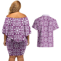 Poni Palaka Quilt Hawaii Couples Matching Off Shoulder Short Dress and Hawaiian Shirt Hawaiian Tropical Monstera Sea Turtle LT14 - Polynesian Pride