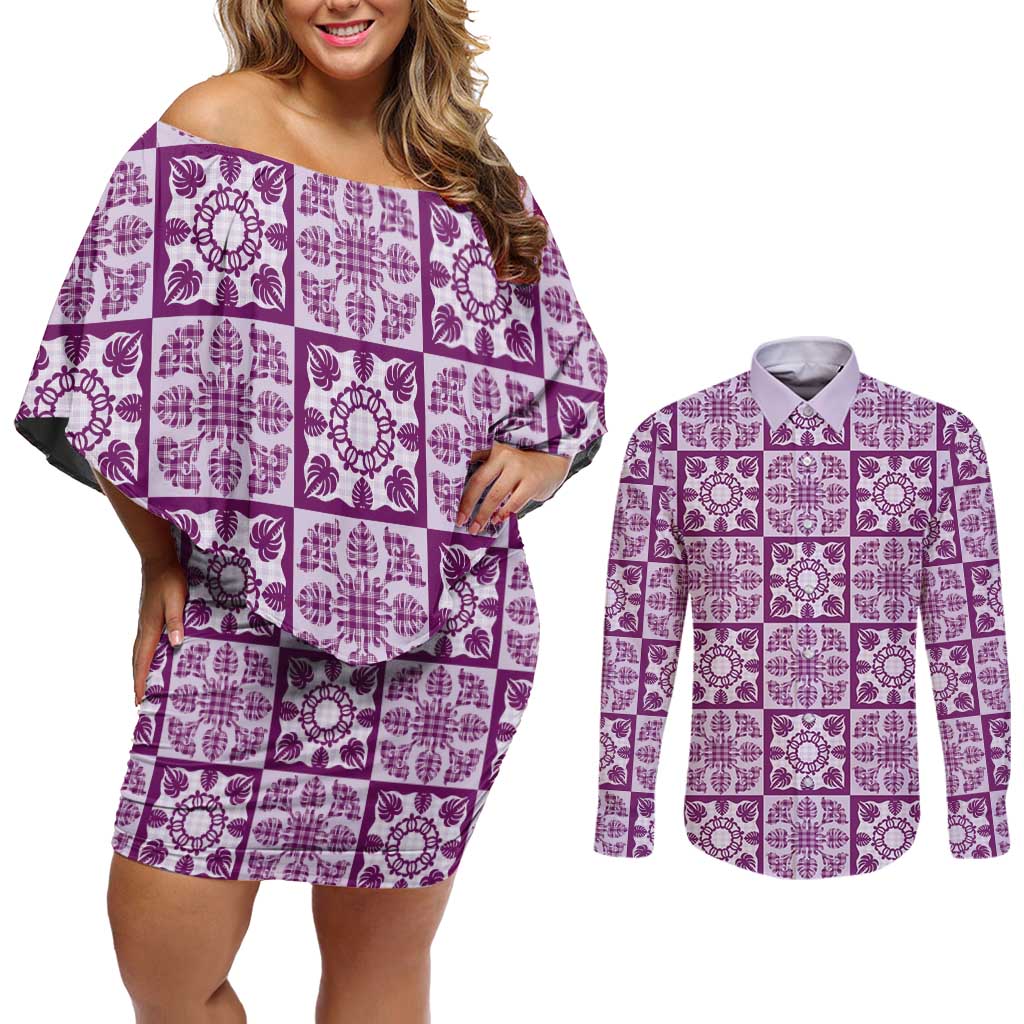 Poni Palaka Quilt Hawaii Couples Matching Off Shoulder Short Dress and Long Sleeve Button Shirt Hawaiian Tropical Monstera Sea Turtle