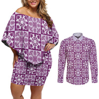 Poni Palaka Quilt Hawaii Couples Matching Off Shoulder Short Dress and Long Sleeve Button Shirt Hawaiian Tropical Monstera Sea Turtle