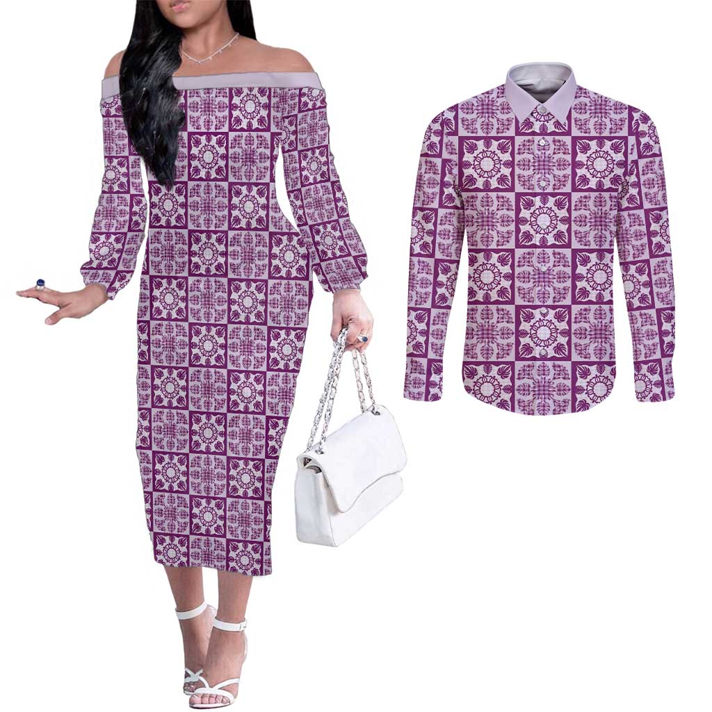 Poni Palaka Quilt Hawaii Couples Matching Off The Shoulder Long Sleeve Dress and Long Sleeve Button Shirt Hawaiian Tropical Monstera Sea Turtle LT14 Purple - Polynesian Pride