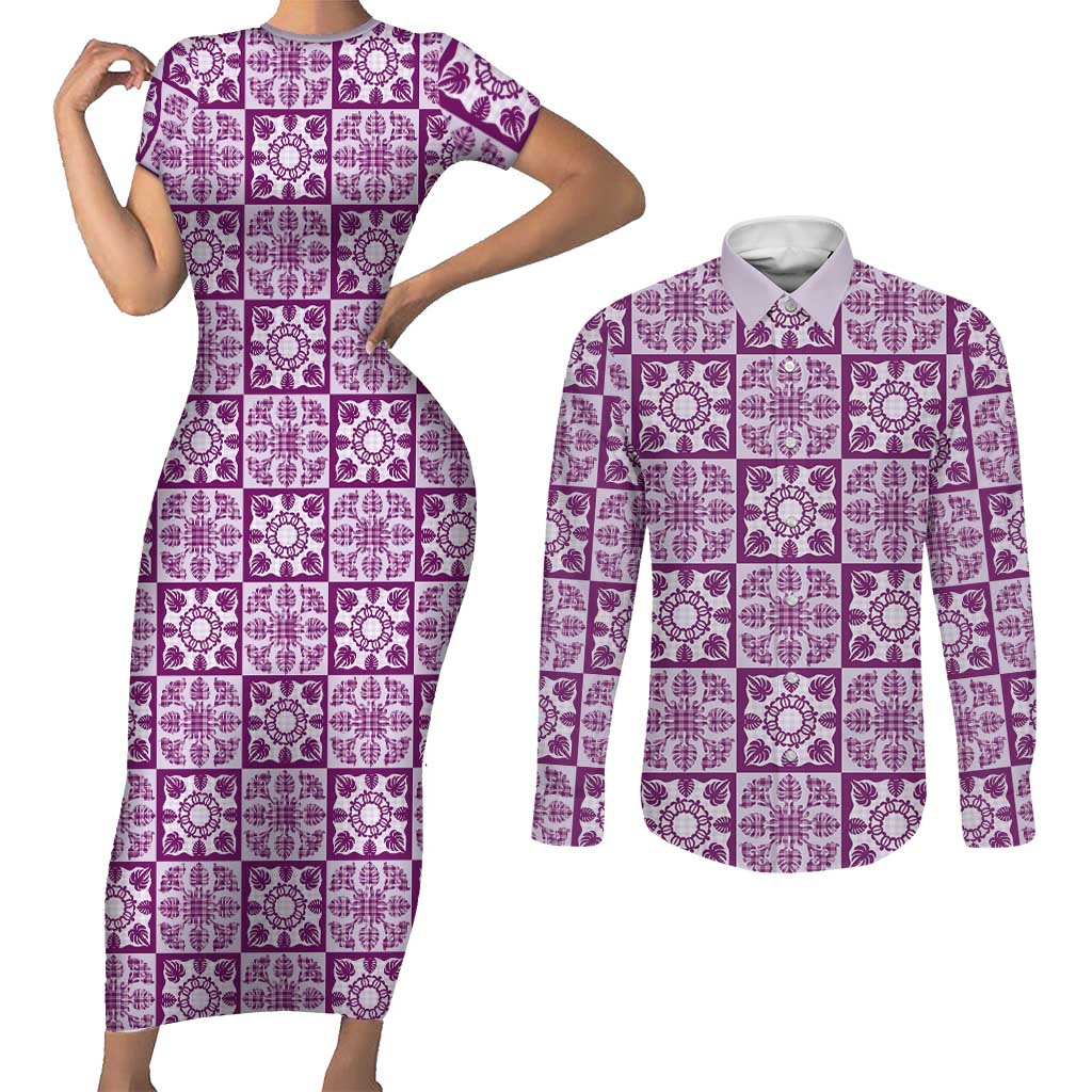 Poni Palaka Quilt Hawaii Couples Matching Short Sleeve Bodycon Dress and Long Sleeve Button Shirt Hawaiian Tropical Monstera Sea Turtle LT14 Purple - Polynesian Pride